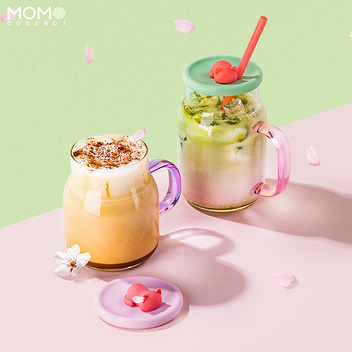 MOMO吸管杯玻璃水杯女高颜值带把手玻璃杯(桃桃风味400ml)
